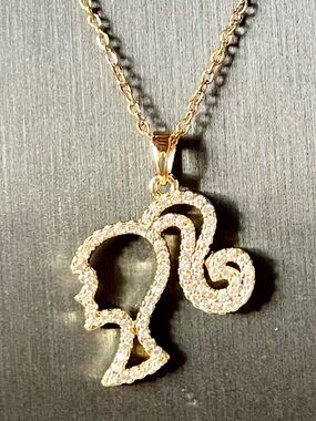 Barbie Profile Pendant Necklace~Gold Tone with Sparkling Rhinestones